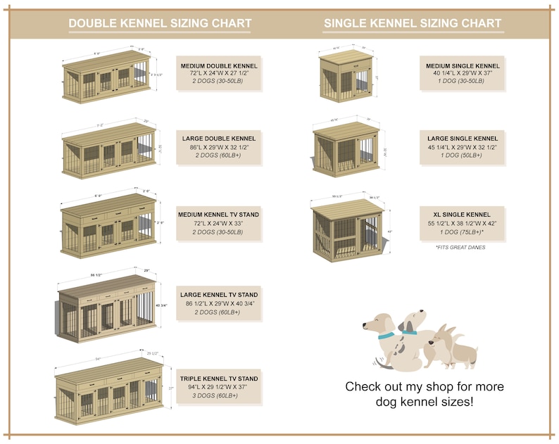 Peut inclure: Un tableau pr&eacute;sentant diff&eacute;rentes tailles de cages pour chiens, pour un ou deux chiens. Le tableau comprend des mesures en pouces et en livres. Le tableau comprend &eacute;galement une description de chaque cage, comme "Cage double moyenne" ou "Cage simple grande".