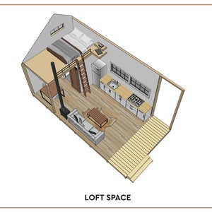 May include: A 3D illustration of a small house interior with a loft bedroom, a living room with a couch and coffee table, and a kitchen with a sink, stove, and refrigerator. The house has a wooden deck.