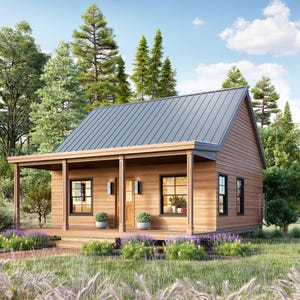 Op de afbeelding: Een klein houten huisje met een grijs metalen dak, omringd door weelderig groen. Het huisje heeft een veranda, ramen en een deur. De scène speelt zich af in een natuurlijke omgeving met bomen en een blauwe lucht met wolken.