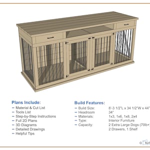 May include: A wooden dog crate with two compartments, a shelf, and two drawers. The crate is 8 feet 3 1/2 inches long, 34 1/2 inches wide, and 44 inches high. The crate is made of 1x3, 1x6, 1x8, and 2x4 lumber. The crate is designed to hold two extra large dogs, weighing up to 70 pounds each.