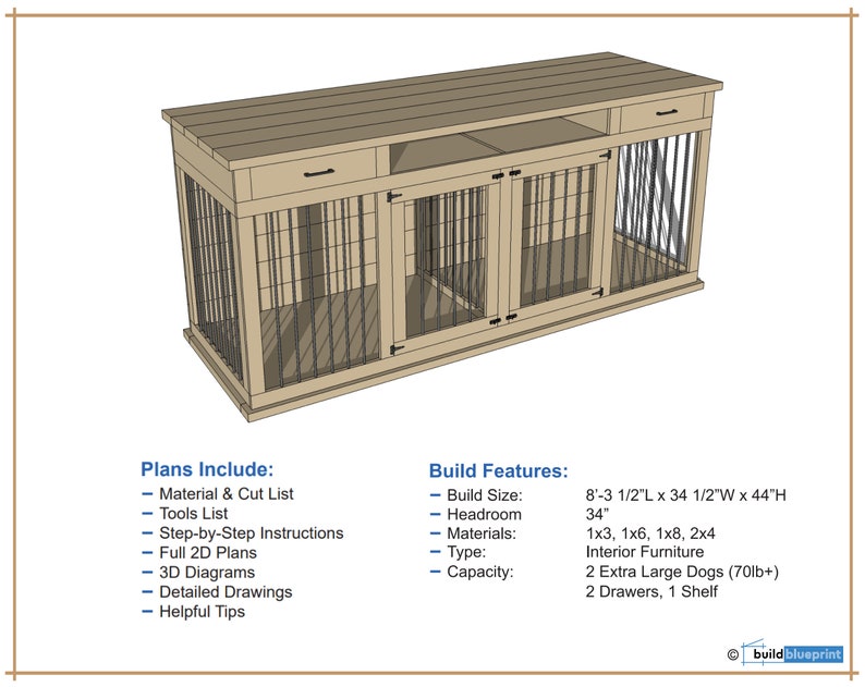 May include: A wooden dog crate with two compartments, a shelf, and two drawers. The crate is 8 feet 3 1/2 inches long, 34 1/2 inches wide, and 44 inches high. The crate is made of 1x3, 1x6, 1x8, and 2x4 lumber. The crate is designed to hold two extra large dogs, weighing up to 70 pounds each.