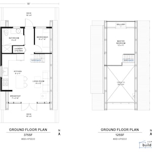May include: Floor plan of a two-story house with a total of 375 square feet on the ground floor and 125 square feet on the second floor. The ground floor includes a kitchen, living room, bathroom, laundry room, and a bedroom. The second floor includes a master bedroom and a balcony. The plan includes dimensions for each room.