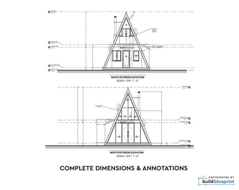 May include: A black and white line drawing of a A-frame house with a door and windows. The drawing is labeled "South Exterior Elevation" and "North Exterior Elevation" with a scale of 3/8" = 1'-0". The drawing also includes the text "Complete Dimensions & Annotations" and "Copyrighted by build blueprint".