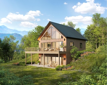 28' x 28' Hilltop Hideout Architectural Plans - Walkout Basement Slope Build Construction Drawings