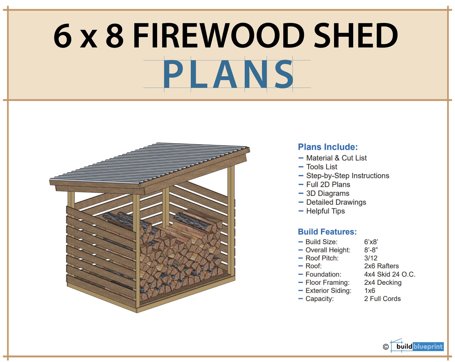 6x8 Firewood Shed Plans 2 Cord Wood Shed DIY Plan - Etsy