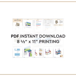 May include: A digital download of PDF plans for building a mud kitchen. The plans are designed for printing on 8 1/2" x 11" paper. The image shows several pages of the plans, including diagrams and instructions.