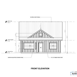 May include: A black and white line drawing of a house with a front elevation view. The house has a gable roof with a dormer window, a front door, two windows, and a porch. The drawing includes measurements in feet and inches.