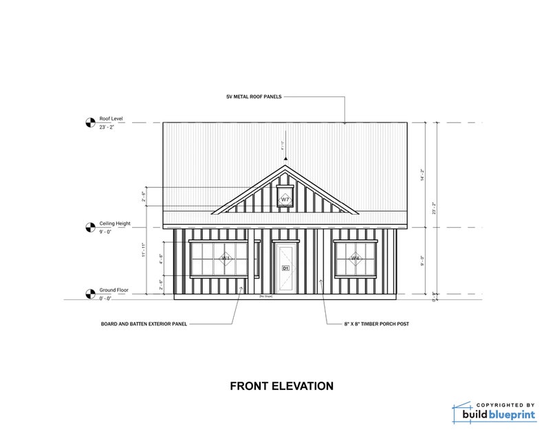 May include: A black and white line drawing of a house with a front elevation view. The house has a gable roof with a dormer window, a front door, two windows, and a porch. The drawing includes measurements in feet and inches.