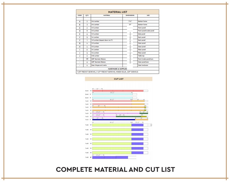 May include: A detailed material and cut list for a woodworking project. The list includes the quantity, material, dimensions, and use for each piece of wood. The cut list shows the length of each piece of wood and the color of the wood.