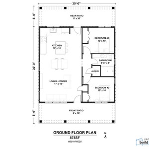 May include: A black and white floor plan of a house with two bedrooms, a kitchen, a living room, a bathroom, and a laundry room. The house is 30 feet by 30 feet and has a front and rear patio. The floor plan is labeled "Ground Floor Plan" and "875SF".