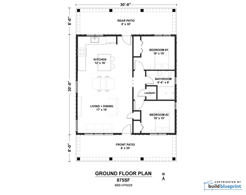 May include: A black and white floor plan of a house with two bedrooms, a kitchen, a living room, a bathroom, and a laundry room. The house is 30 feet by 30 feet and has a front and rear patio. The floor plan is labeled "Ground Floor Plan" and "875SF".