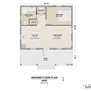 Peut inclure: Plan d'&eacute;tage d'une maison de 45 m&egrave;tres carr&eacute;s avec une chambre, une salle de bain, une cuisine, un salon, une buanderie, une salle de service et une terrasse. Le plan comprend des plafonds vo&ucirc;t&eacute;s dans la cuisine et le salon.