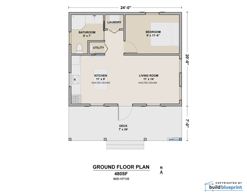 Peut inclure: Plan d'&eacute;tage d'une maison de 45 m&egrave;tres carr&eacute;s avec une chambre, une salle de bain, une cuisine, un salon, une buanderie, une salle de service et une terrasse. Le plan comprend des plafonds vo&ucirc;t&eacute;s dans la cuisine et le salon.