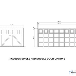 Op de afbeelding: Lijntekening van een garagedeur met een optie voor een enkele of dubbele deur. De deur is 4,88 meter breed en 2,13 meter hoog. De deur heeft een rasterpatroon met een optie voor een enkele of dubbele deur. De tekst "INCLUDES SINGLE AND DOUBLE DOOR OPTIONS" staat onder de tekening.
