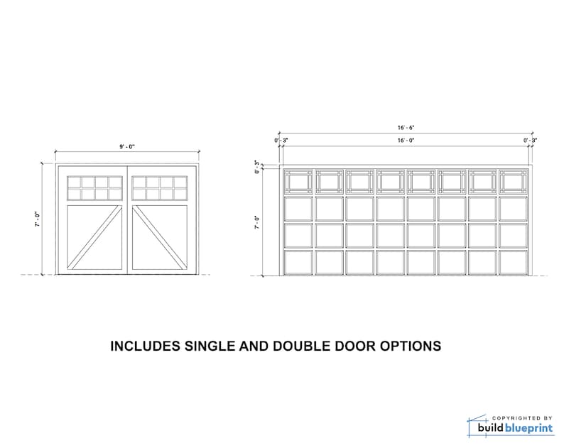 Op de afbeelding: Lijntekening van een garagedeur met een optie voor een enkele of dubbele deur. De deur is 4,88 meter breed en 2,13 meter hoog. De deur heeft een rasterpatroon met een optie voor een enkele of dubbele deur. De tekst "INCLUDES SINGLE AND DOUBLE DOOR OPTIONS" staat onder de tekening.