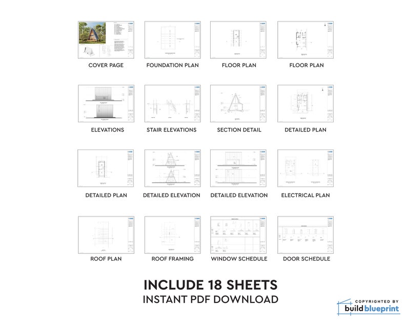 May include: A set of 18 architectural blueprints for a small cabin. The blueprints include plans for the foundation, floor, elevations, sections, details, electrical, roof, framing, window schedule, and door schedule. The text "INCLUDE 18 SHEETS INSTANT PDF DOWNLOAD" is at the bottom of the image.