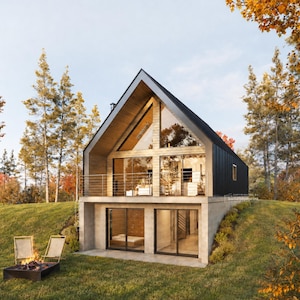 May include: A two-story house with a steep A-frame roof, black metal siding, and large glass windows. The lower level features a concrete foundation with sliding glass doors, while the upper level includes a balcony. A fire pit sits on the lawn.
