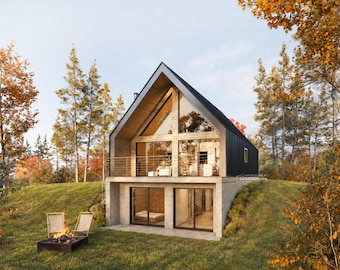 Architectuurtekeningen voor een Scandinavische blokhut van 7,3 x 11,9 meter met uitgang naar de kelder - Set bouwtekeningen voor een op maat gemaakte blokhut van 107 m²