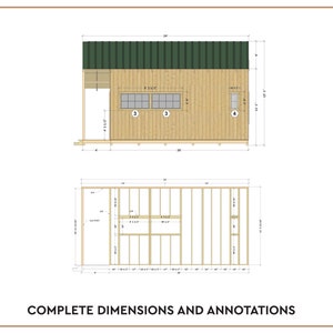 May include: A line drawing of a shed with a green metal roof and three windows. The shed is 12 feet wide and 20 feet long. The drawing includes dimensions and annotations.