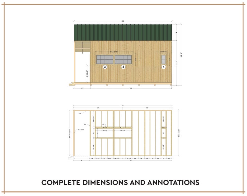 May include: A line drawing of a shed with a green metal roof and three windows. The shed is 12 feet wide and 20 feet long. The drawing includes dimensions and annotations.