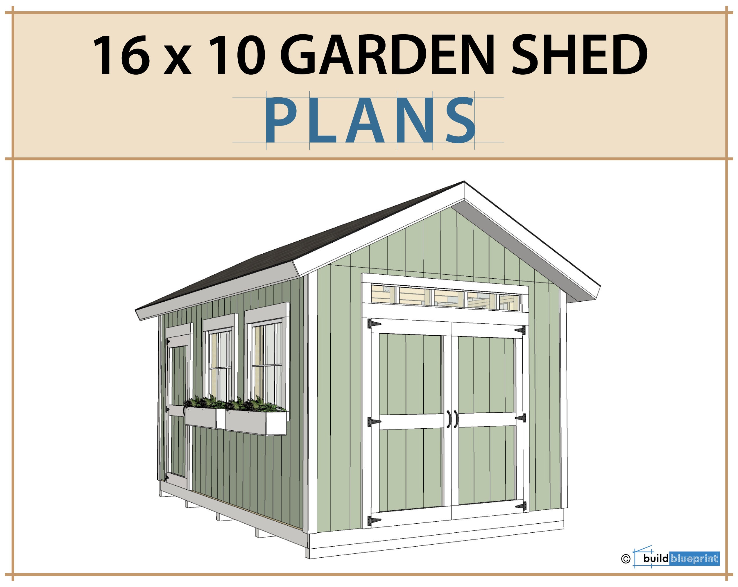 16x10 Garden Shed Plans and Build Guide DIY Woodworking Etsy