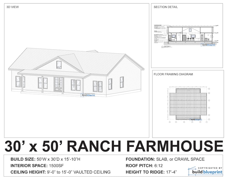 30' X 50' Ranch Farmhouse Architectural Plans - Custom 1500SF 3BD/2BA ...