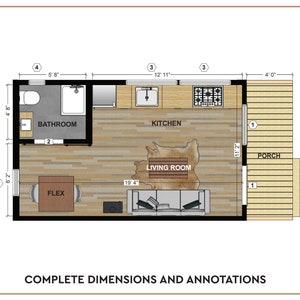 May include: Floor plan of a small house with a living room, kitchen, bathroom, flex room, and porch. The living room has a rug and a couch. The kitchen has a sink and a stove. The bathroom has a toilet and a shower. The flex room is empty. The porch is made of wood.