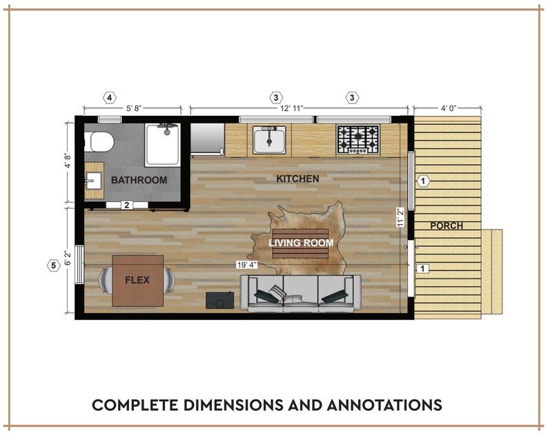 May include: Floor plan of a small house with a living room, kitchen, bathroom, flex room, and porch. The living room has a rug and a couch. The kitchen has a sink and a stove. The bathroom has a toilet and a shower. The flex room is empty. The porch is made of wood.