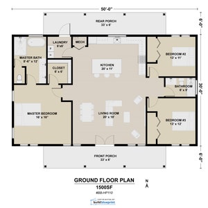 30' x 50' Ranch Farmhouse Architectural Plans - Custom 1500SF 3BD/2BA House Blueprint