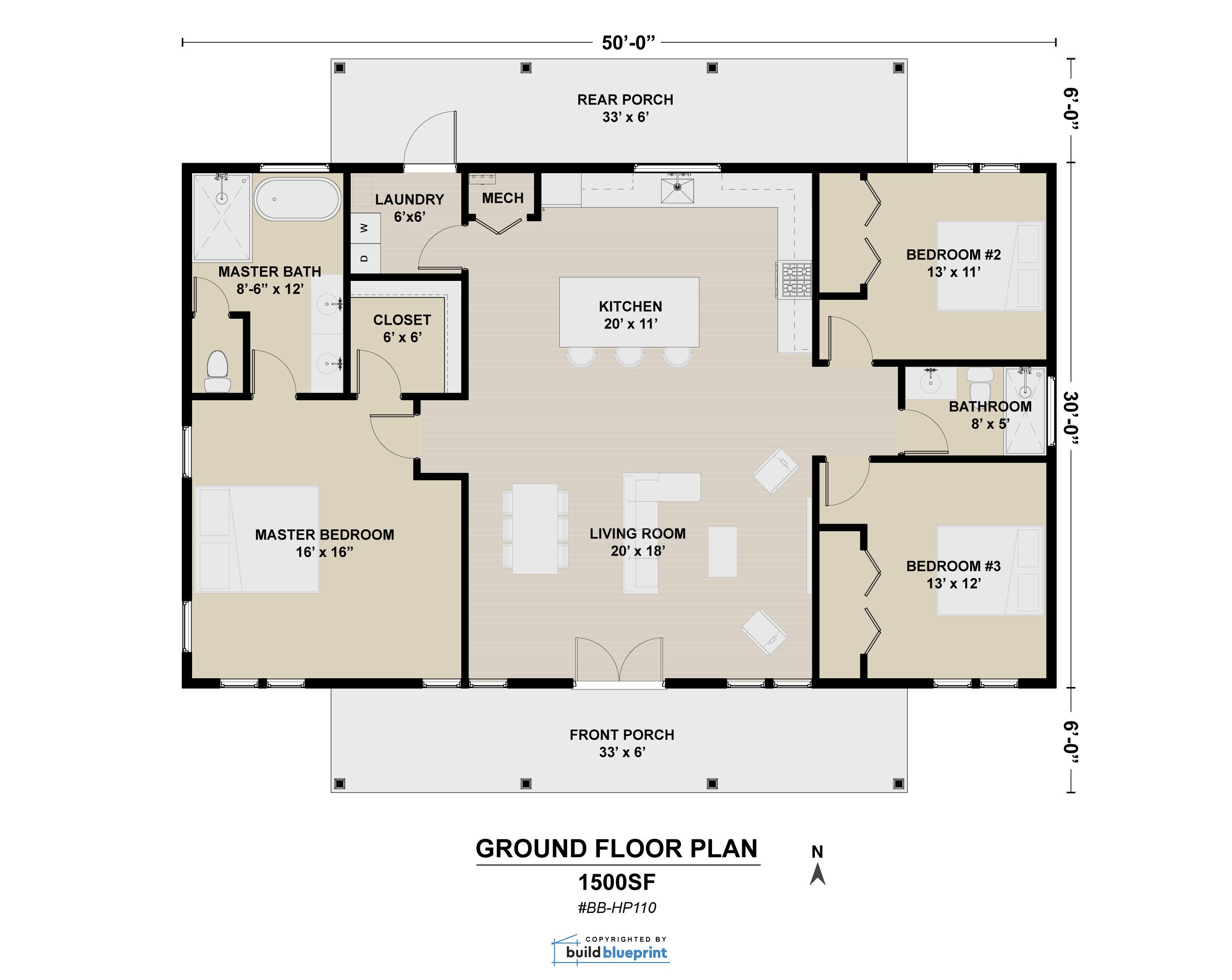 30' x 50' Ranch Farmhouse Architectural Plans - Custom 1500SF 3BD/2BA House Blueprint