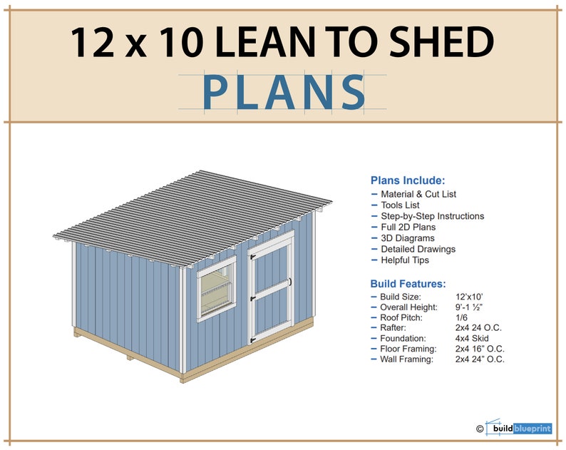 12x10 Lean to Shed Plans | Etsy UK
