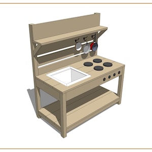 May include: A wooden play kitchen with a sink, stovetop, and shelf. The kitchen is painted a light brown color and has a white sink. There are four black stovetop burners and a shelf with hooks for hanging pots and pans.