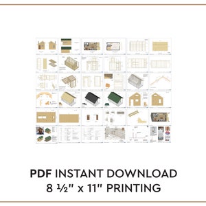 May include: A set of 8 1/2" x 11" printable PDF plans for building a small cabin. The plans include detailed diagrams and instructions for constructing the cabin's frame, walls, roof, and other features.