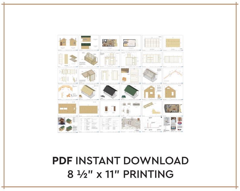 May include: A set of 8 1/2" x 11" printable PDF plans for building a small cabin. The plans include detailed diagrams and instructions for constructing the cabin's frame, walls, roof, and other features.
