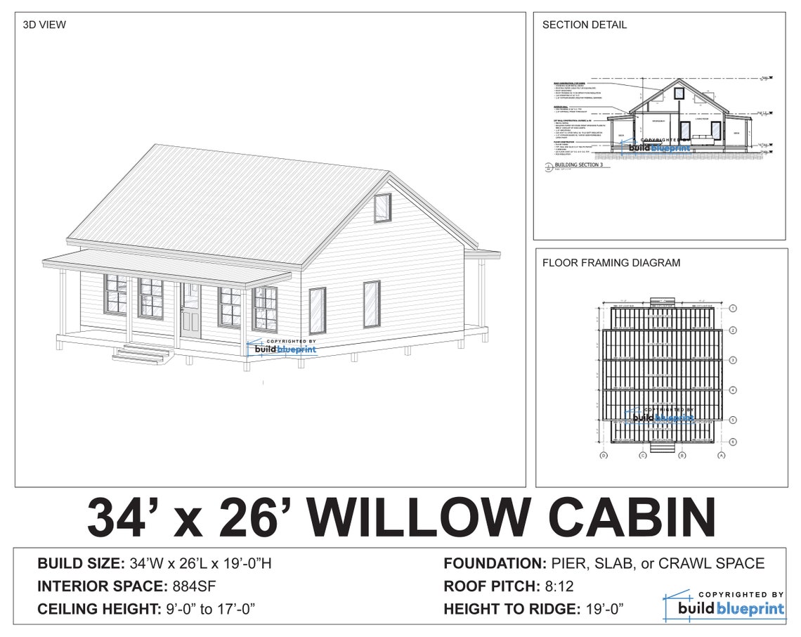 26' X 34' Willow Cabin Architectural Plans - Custom 884SF 2 Bedroom ...