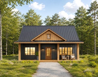 Architectuurtekeningen voor een Amerikaanse boerderij van 9 x 9 meter - Ontwerptekening voor een moderne blokhut van 81 vierkante meter