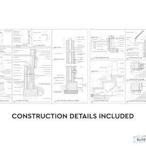 May include: A set of construction details for a house, including a foundation, exterior wall, interior wall, plumbing wall, foundation detail, detail section through chimney, porch stair section, roof rafter section, window detail, and exterior door detail. The drawings are in black and white and include dimensions and notes.