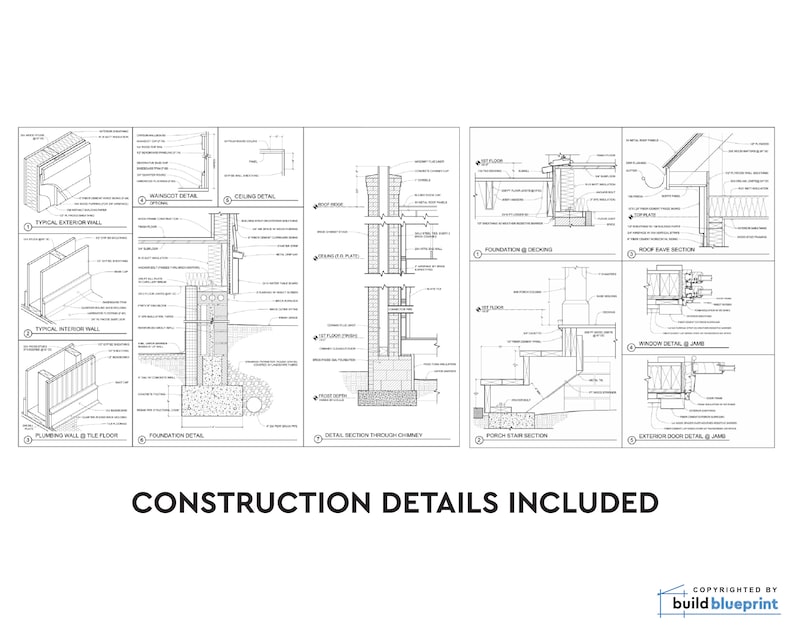 May include: A set of construction details for a house, including a foundation, exterior wall, interior wall, plumbing wall, foundation detail, detail section through chimney, porch stair section, roof rafter section, window detail, and exterior door detail. The drawings are in black and white and include dimensions and notes.