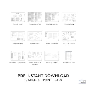 Peut inclure: Un ensemble de 12 plans d'architecture PDF imprimables pour une maison. Les plans comprennent une page de couverture, des notes de charpente, des notes g&eacute;n&eacute;rales, des fondations, des plans d'&eacute;tage, des &eacute;l&eacute;vations, une charpente de toit, un d&eacute;tail de section, la plomberie et l'&eacute;lectricit&eacute;, des d&eacute;tails de construction, une charpente murale et une liste de mat&eacute;riaux.