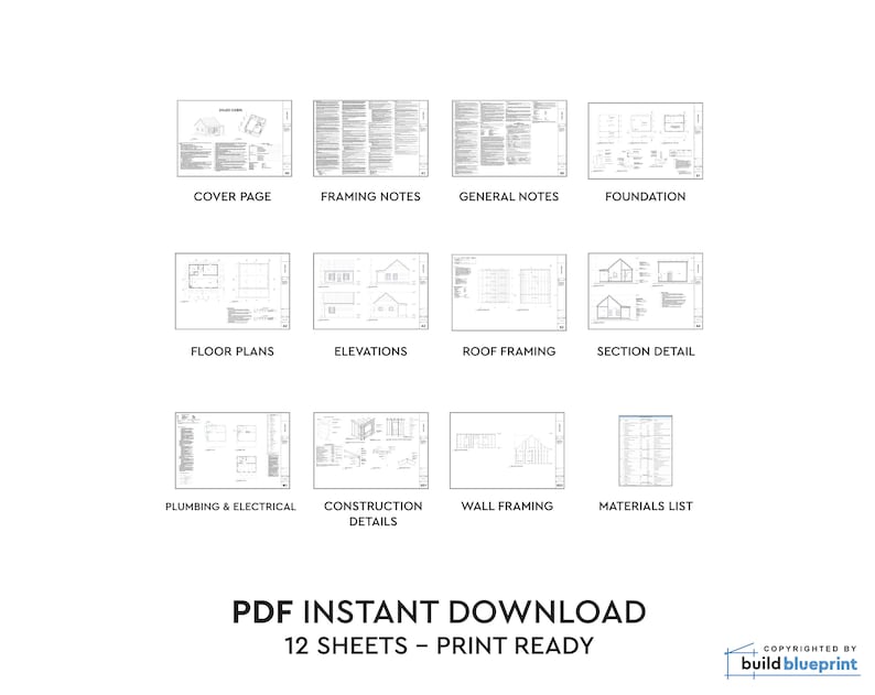 Peut inclure: Un ensemble de 12 plans d'architecture PDF imprimables pour une maison. Les plans comprennent une page de couverture, des notes de charpente, des notes g&eacute;n&eacute;rales, des fondations, des plans d'&eacute;tage, des &eacute;l&eacute;vations, une charpente de toit, un d&eacute;tail de section, la plomberie et l'&eacute;lectricit&eacute;, des d&eacute;tails de construction, une charpente murale et une liste de mat&eacute;riaux.