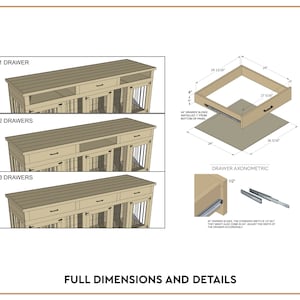 Op de afbeelding: Gedetailleerde diagrammen van een houten hondenbench met &eacute;&eacute;n, twee en drie lades. De bench heeft een lichtbruine afwerking, zwarte metalen staven en een bovenkant. De afbeelding bevat een axonometrische weergave van een lade met afmetingen in cm.