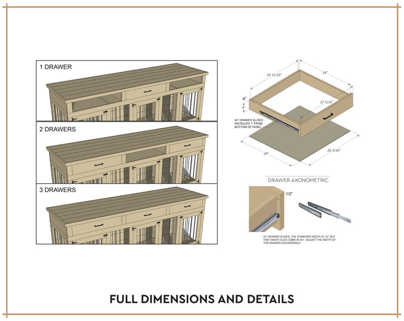Op de afbeelding: Gedetailleerde diagrammen van een houten hondenbench met &eacute;&eacute;n, twee en drie lades. De bench heeft een lichtbruine afwerking, zwarte metalen staven en een bovenkant. De afbeelding bevat een axonometrische weergave van een lade met afmetingen in cm.