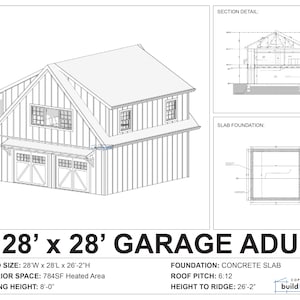Op de afbeelding: Lijntekening van een 28' x 28' garage ADU met een plafondhoogte van 26'-2". De garage heeft een dakhelling van 6:12 en een fundering van een betonnen plaat. De tekening bevat een 3D-weergave, een doorsnededetail en een plattegrond van de funderingsplaat.