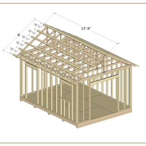 Puede incluir: Una ilustraci&oacute;n 3D de un marco de cobertizo de madera con un techo a dos aguas. El cobertizo tiene 17' 8" de ancho y 8' de alto. El techo est&aacute; hecho de vigas de 18 3/4" de largo.
