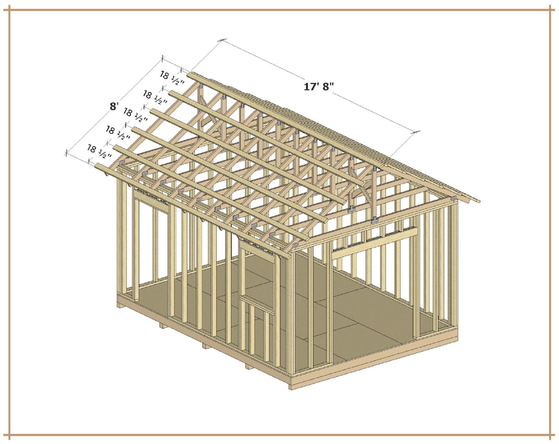 Puede incluir: Una ilustraci&oacute;n 3D de un marco de cobertizo de madera con un techo a dos aguas. El cobertizo tiene 17' 8" de ancho y 8' de alto. El techo est&aacute; hecho de vigas de 18 3/4" de largo.