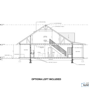 May include: A black and white line drawing of a house with an optional loft. The drawing shows the side view of the house with a front porch, a rear porch, and a kitchen. The drawing also shows the roof framing, the floor joists, and the foundation.