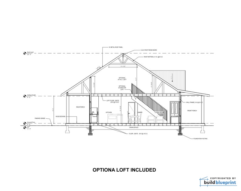 May include: A black and white line drawing of a house with an optional loft. The drawing shows the side view of the house with a front porch, a rear porch, and a kitchen. The drawing also shows the roof framing, the floor joists, and the foundation.