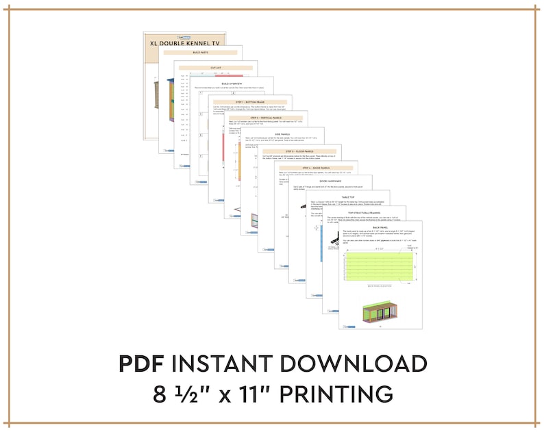 May include: A set of PDF plans for building an XL Double Kennel TV. The plans are for 8 1/2" x 11" printing. The plans include detailed diagrams and instructions for building the kennel.
