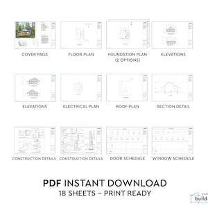 May include: A set of 18 printable architectural plans for a house. The plans include a cover page, floor plan, foundation plan, elevations, electrical plan, roof plan, section detail, construction details, door schedule, and window schedule. The plans are labeled "PDF Instant Download 18 Sheets - Print Ready".