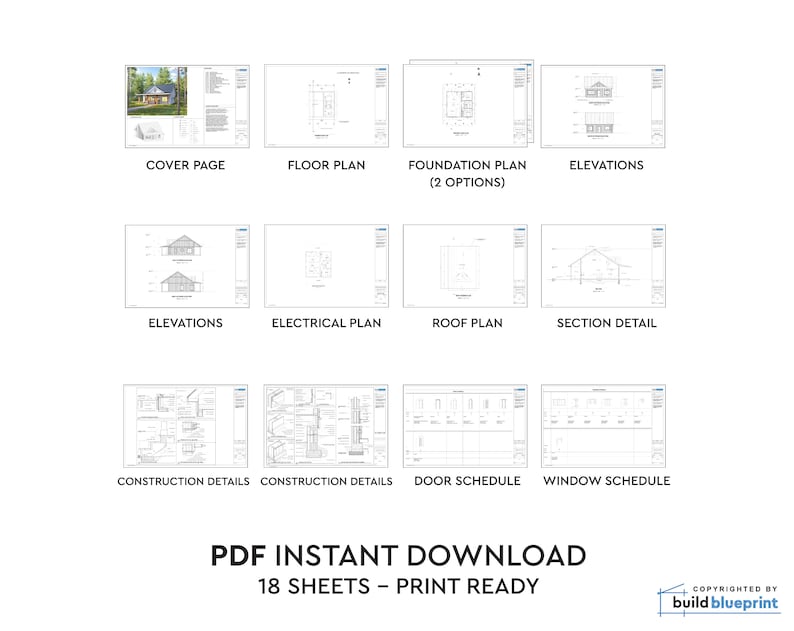 May include: A set of 18 printable architectural plans for a house. The plans include a cover page, floor plan, foundation plan, elevations, electrical plan, roof plan, section detail, construction details, door schedule, and window schedule. The plans are labeled "PDF Instant Download 18 Sheets - Print Ready".